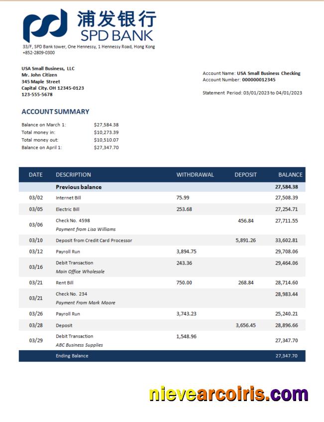 Shanghai  Pudong Development business bank statement